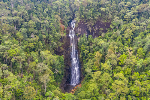 An aerial view of Tawai Waterfall, the biggest waterfall in the Heart of Borneo. Sabah, Malaysia.
