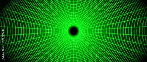 Green glowing wireframe tunnel. Neon wormhole in dark space. Grid tunnel in perspective. Funnel or portal illusion. Circular mesh structure tube. Vector optical illusion art