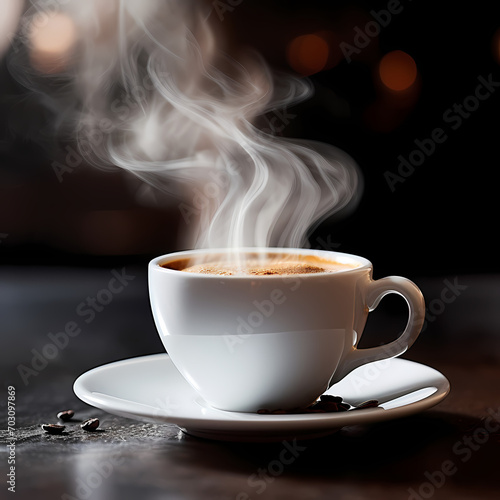 Close-up of a cup of steaming coffee on a rainy day.