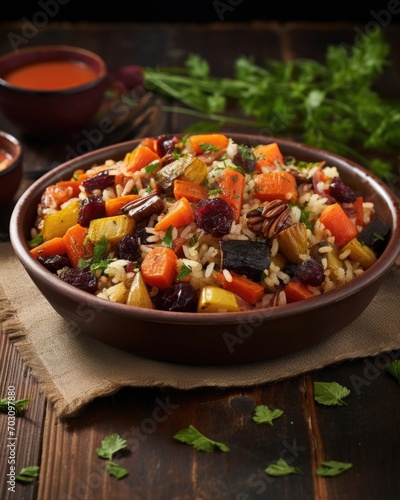 Satisfy your craving for unique flavors with this innovative and artistic vegetable plov, featuring longgrain rice mingled with a colorful array of roasted root vegetables, including sweet photo