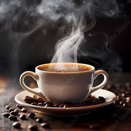 Close-up of a cup of steaming coffee on a rainy day.
