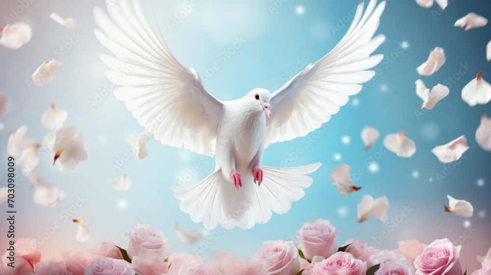 Fototapeta premium A graceful white dove in flight, surrounded by delicate rose petals against a dreamy blue sky.