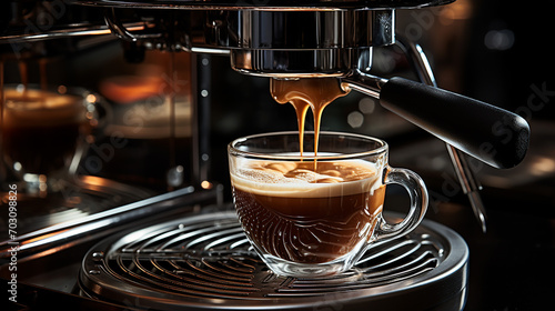 Espresso, der aus der Kaffeemaschine in eine Glastasse auf der Theke fließt