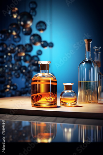 Few bottles of cognac and whiskey on a table, reflective surface in front. Bottles are in different shapes and forms. Blue wall in the back with a gradient light and glass balls ornament on strings.