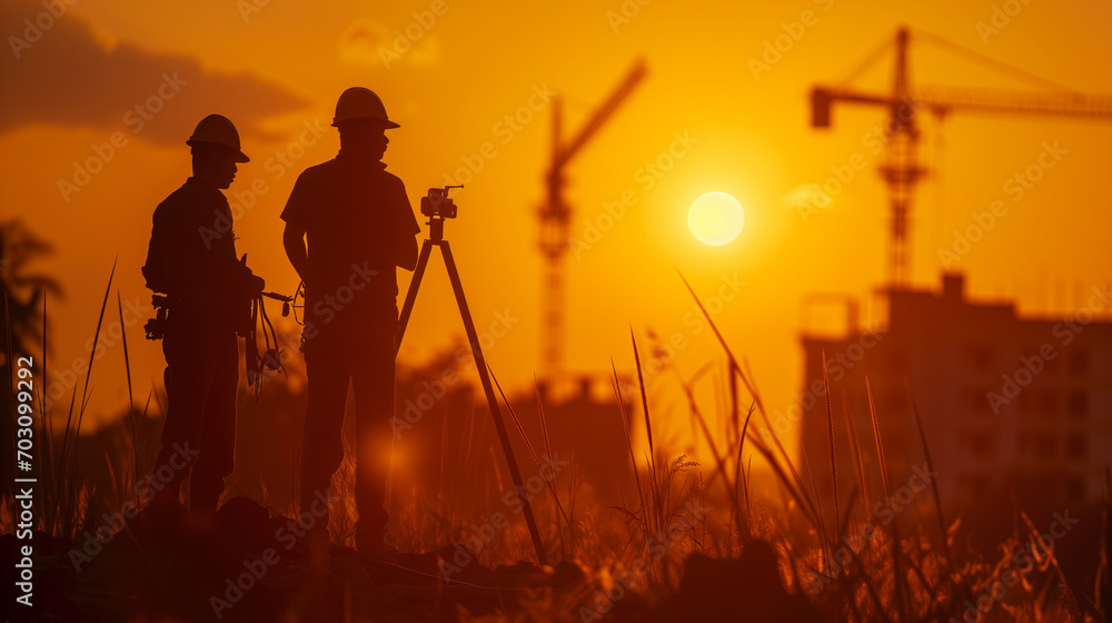 silhouette black man survey civil engineer stand on ground working in a land building site over Blurred construction worker on industrial site, Ai generated. - obrazy, fototapety, plakaty 