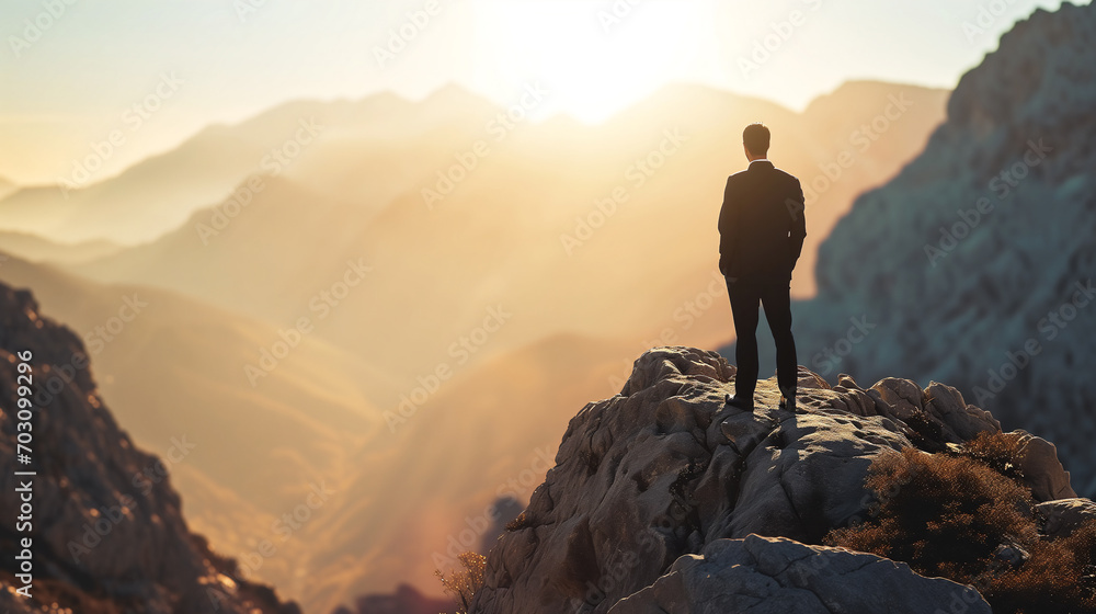 Businessman standing on the top of the mountain looking at the valley, Business success concept, Back view shot, Ai generated.