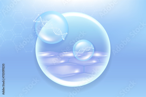 Hyaluronic acid hair and skin solutions ad, blue collagen serum drops into skin cells with cosmetic advertising background ready to use, illustration vector.