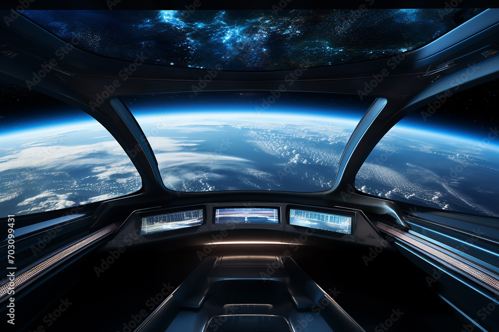 Naklejka premium Earth view from space ship, View from inside space station looking at the earth and the moon