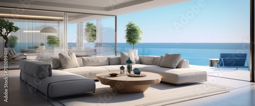 Modern luxury home showcase interior living room with ocean view © kashif 2158