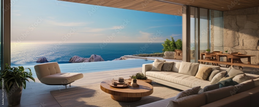 Modern luxury home showcase interior living room with ocean view