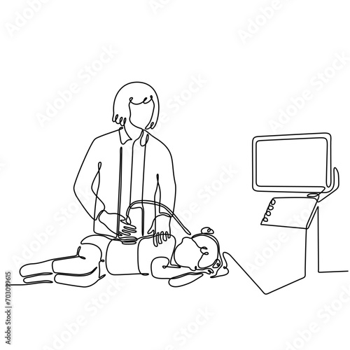 continuous line art vector illustration Female doctor doing ultrasound of girl in clinic