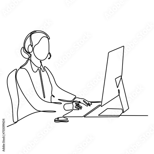 Single continuous line drawing of young confused call center worker answering phone call from talkative customer in front laptop. Help desk center care concept one line draw design vector illustration