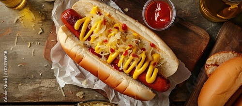 Top-down horizontal view of a hot dog with sauerkraut and mustard on a table. photo