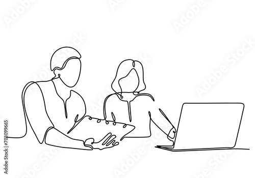 Young man and young woman in front of computer. the guy shows the girl on the screen. One line drawing isolated vector object by hand on a white background.