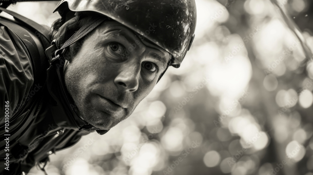A closeup of a man wearing a fullface helmet and a determined expression, suspended midair as he zips across the park. A closeup of a man wearing a fullface helmet and a determined expression, suspended midair as he zips across the park.