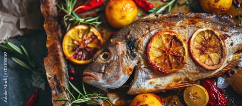 Tasty fish with citrus on a dish.