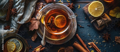 Toned top view image of warm autumn herbal tea with honey, cinnamon, and lemon. photo