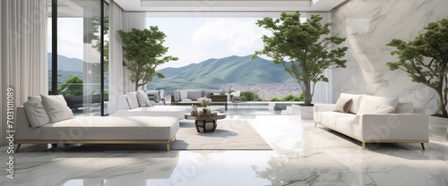 Modern style luxury white living room with garden view 3d render There are gray marble tile wall and floor decorate with glass chandelier overlooking nature view background © kashif 2158