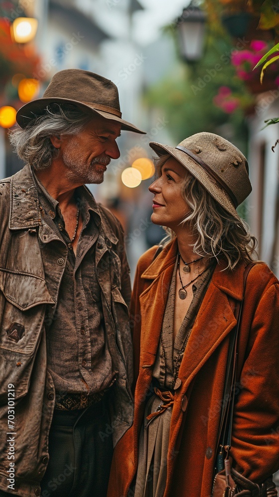 Fototapeta premium Charming elderly couple on vacation together in a city street. Elderly adults in love enjoying a good weekend or vacation while seeing a European city.