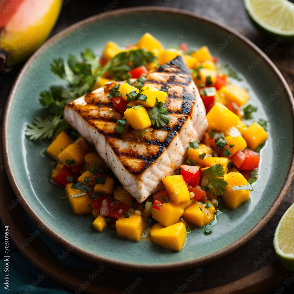 Grilled Swordfish with Mango Salsa - A Fusion of Succulent Seafood and Tropical Freshness Grilled Swordfish with Mango Salsa - A Fusion of Succulent Seafood and Tropical Freshness