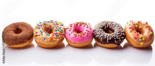 Sweet icing sugar food with glazed sprinkles, doughnut with frosting on white. © pijav4uk