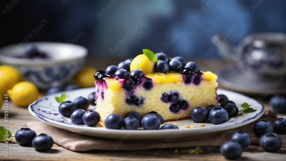 photo of a decadent Blueberry Lemon Cake on a rustic wood table, elegantly presented on a pristine white plate photo of a decadent Blueberry Lemon Cake on a rustic wood table, elegantly presented on a pristine white plate