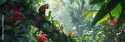A Cheeky Monkey  standing in the rainforest canopy Background - Surrounded by Exotic Flowers and Lush Green Foliage - Beautiful Monkey Wallpaper created with Generative AI Technology