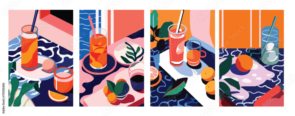 Set of horizontal banners with summer cocktails. Flat vector illustration in trendy flat style.