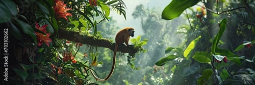 A Cheeky Monkey  standing in the rainforest canopy Background - Surrounded by Exotic Flowers and Lush Green Foliage - Beautiful Monkey Wallpaper created with Generative AI Technology photo