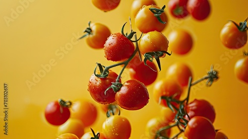 Tomato falling into the air on a yellow. Fresh vegetable. Healthy food