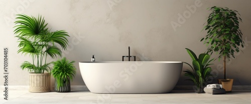 Stylish interior of bathroom with green houseplants. Empty bathtub in an empty bathroom