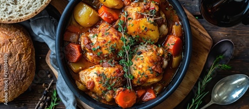 Top view of crispy slow-cooker chicken stew with vegetables. photo