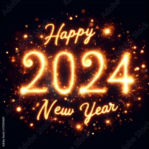 Happy New Year 2024. Glittering text Happy New Year 2024 on black background. Generative AI.