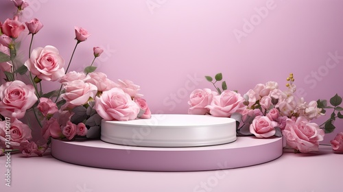 Podium background flower rose product pink 3d table beauty stand display. Rose valentine's background podium cosmetic pink day romantic