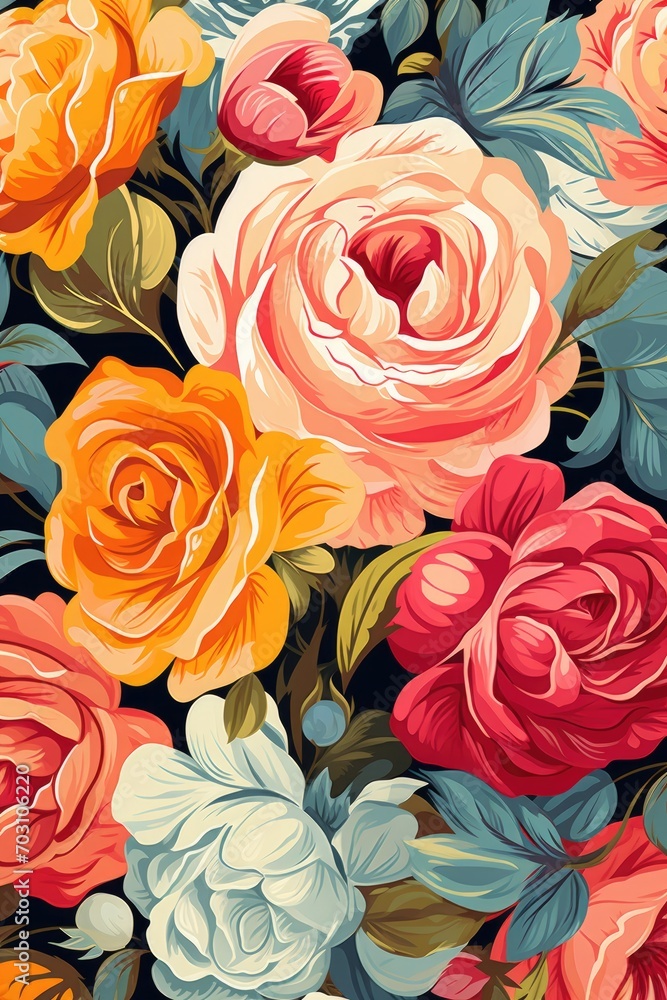 Rose Blooms Floral Pattern Retro Flower Textile Vintage Aesthetic Garden Design Nature Painting Kitsch Plant Art