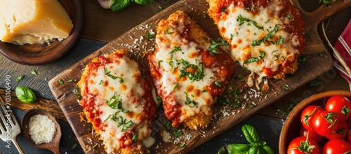 Italian-style chicken parmesan made from scratch with cheese and sauce. photo