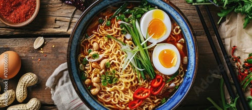 Top view of Shin Ramyeon, a Korean-style instant noodle, with peanut and egg. photo