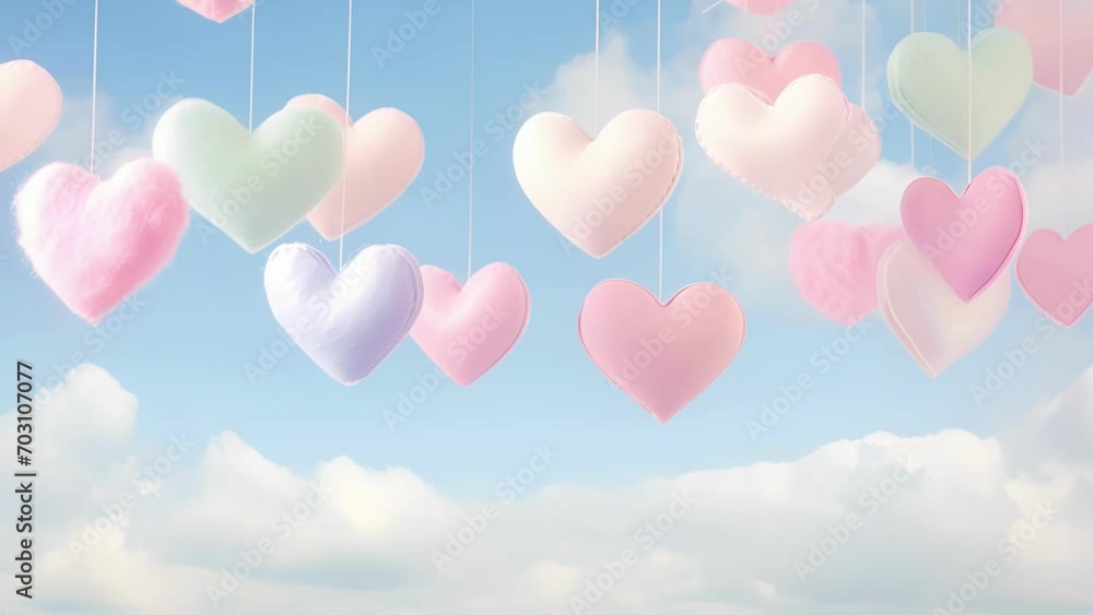 Soft, pastel hearts seem to be suspended in midair against a backdrop of billowy clouds, creating a charming and romantic ambiance. Soft, pastel hearts seem to be suspended in midair against a backdrop of billowy clouds, creating a charming and romantic ambiance.