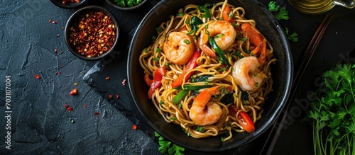 Top view of Mie Goreng, an Indonesian stir-fried dish with prawn noodles and vegetables, served in a black bowl on a dark slate table. Asian cuisine. photo