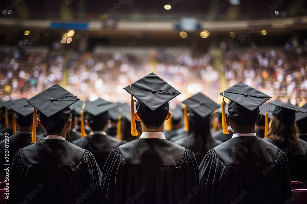 Rear view of high school students in graduation gowns and caps, academic graduation concept, Group of students on their convocation day, graduation program Rear view of high school students in graduation gowns and caps, academic graduation concept, Group of students on their convocation day, graduation program
