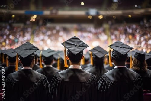 Rear view of high school students in graduation gowns and caps, academic graduation concept, Group of students on their convocation day, graduation program