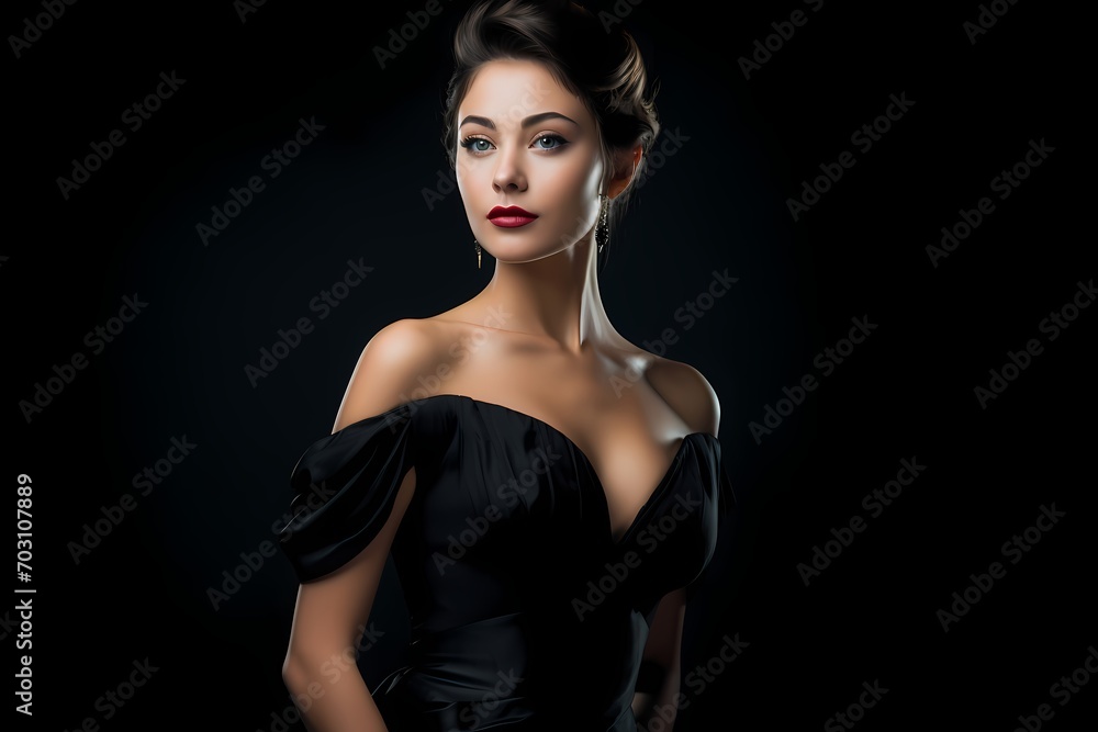 A young model wearing a sophisticated black dress, exuding elegance and allure, against a solid light black background.