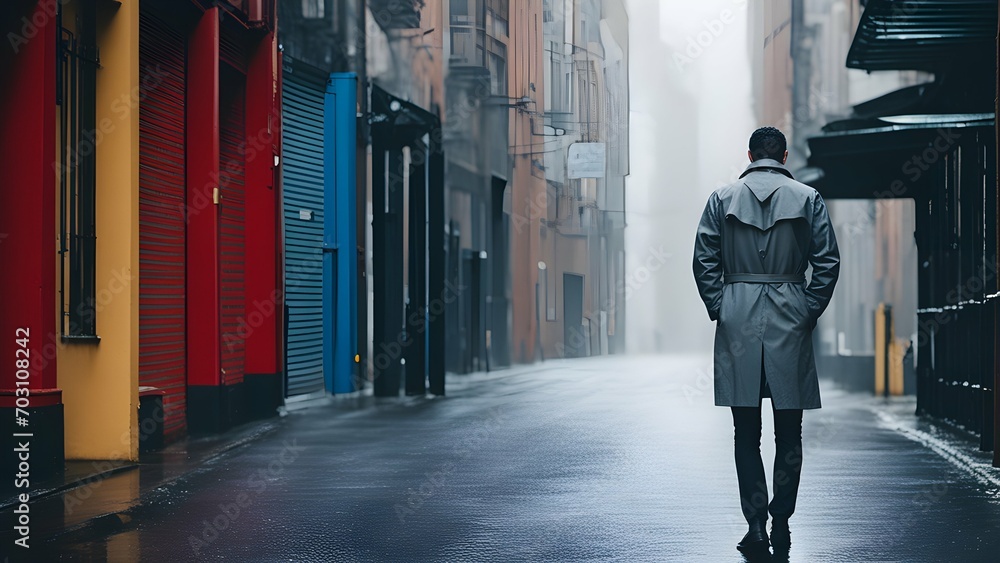 A man in a grey trenchcoat, standing in a rainy alley, with a single, dripping raindrop in the foreground.