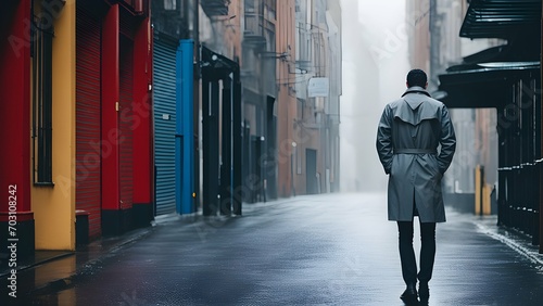 A man in a grey trenchcoat, standing in a rainy alley, with a single, dripping raindrop in the foreground.