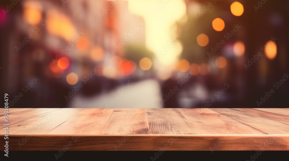 wood table top blurred restaurant interior background