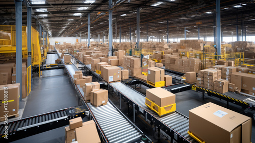 Closeup of multiple cardboard box packages seamlessly moving along a conveyor belt in a warehouse fulfillment center, a snapshot of e-commerce photo
