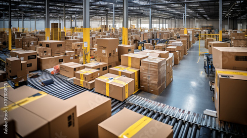 multiple cardboard box packages moving along a conveyor belt in a bustling warehouse fulfillment center © Tahsin