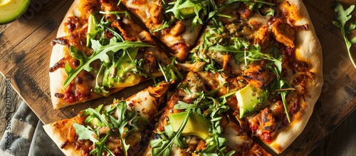 Top view of a large, delicious pizza topped with grilled chicken, avocado, and arugula. photo