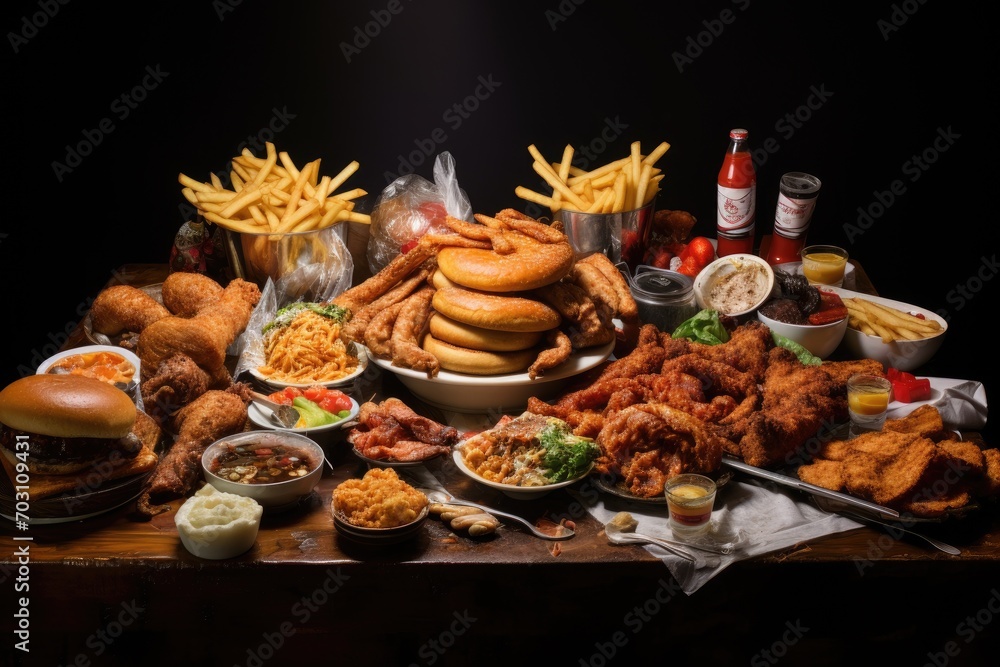 Variety of fast food including chicken nuggets, hamburger, cheeseburger, french fries, coleslaw, fish and chips, A large table of assorted takeout food such as pizza, french, AI Generated