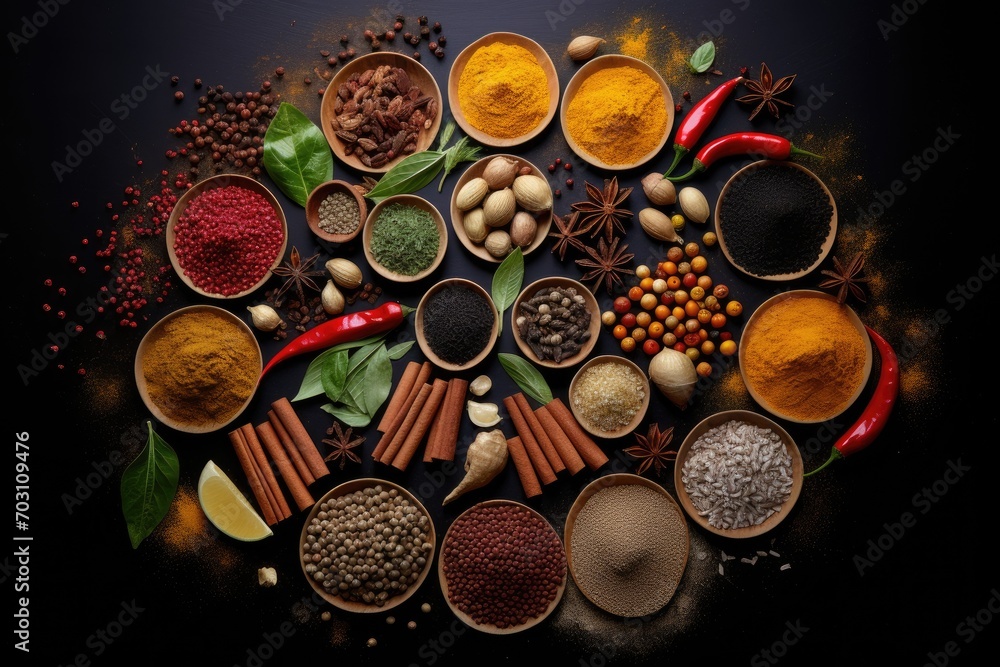 Spices and herbs on black background. Food and cuisine ingredients, Lots of spices on a black background, top view, AI Generated Spices and herbs on black background. Food and cuisine ingredients, Lots of spices on a black background, top view, AI Generated